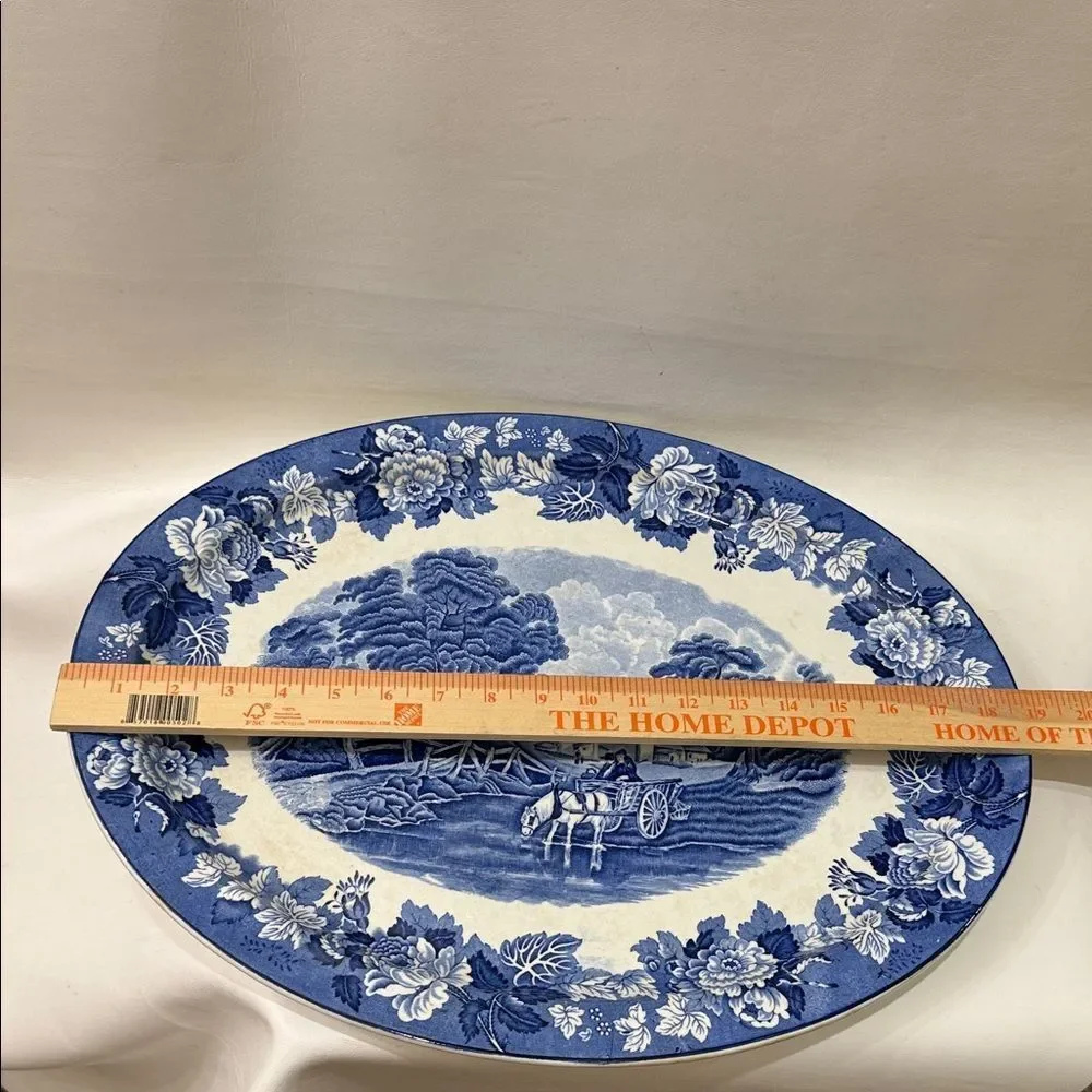 Woods Ware England Blue Scenic Transferware Vintage Floral Oval Serving Platter